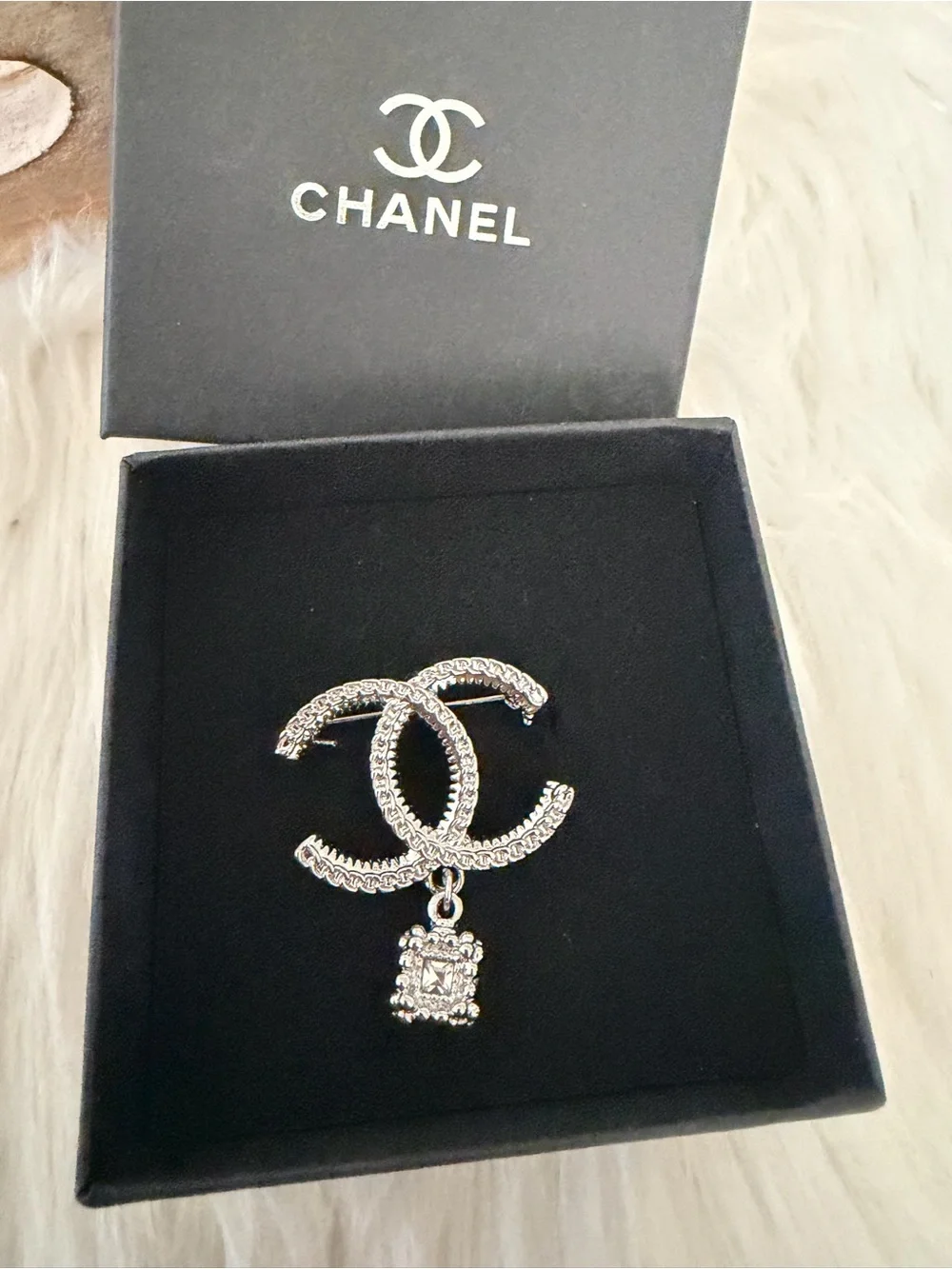 CHANEL Silver Crystal CC Logo Pendant Brooch